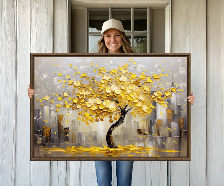 Golden Tree Canvas Print: Abstract wall art featuring golden leaves over a cityscape, ideal for modern homes. Ready to hang.