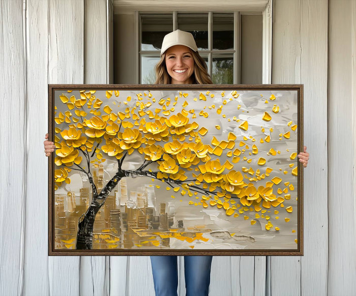 The living room showcases a Yellow Blossom Tree Canvas Wall Art, modern and floral.