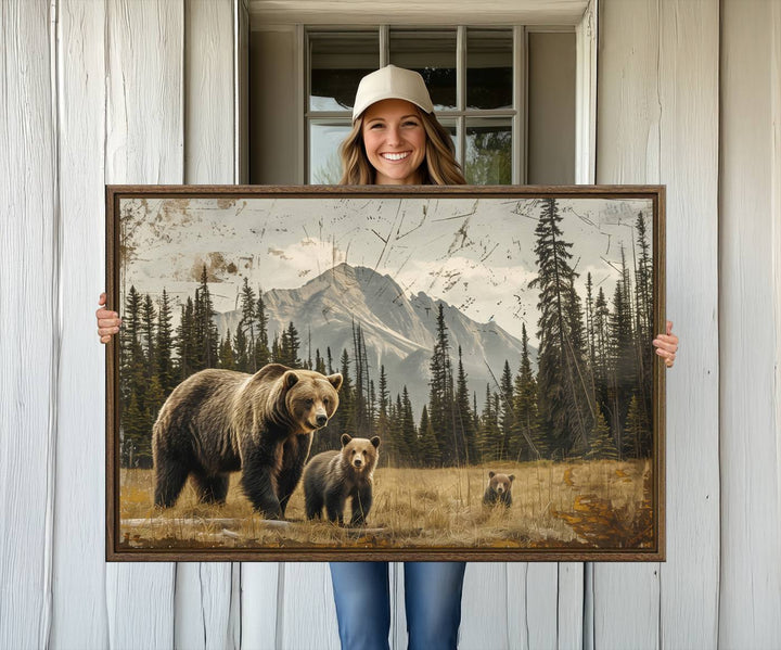 Rustic Grizzly 399: Bear Family Wall Art Canvas Print.