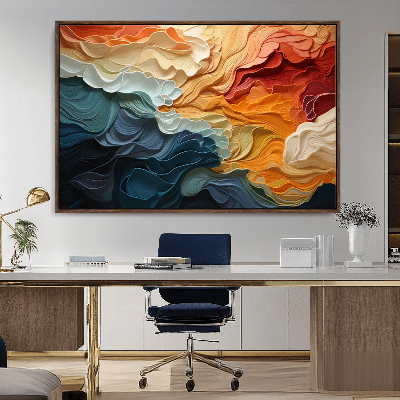 MGV-FC-36X24 - Blue Orange Abstract Wave Wall Art Canvas Print, Framed Blue Orange Wave Wall Art