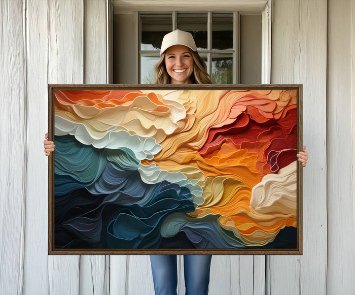 Blue Orange Abstract Wave Wall Art Canvas Print.