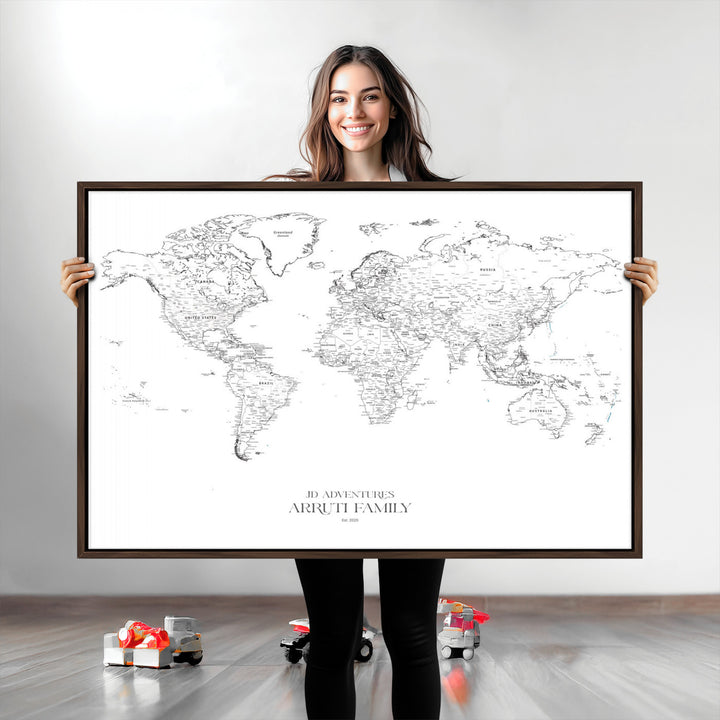 Personalized World Map Wall Art Canvas Print - Custom Push Pin Travel Map Canvas - Framed Map Print for Travel Lover Gift
