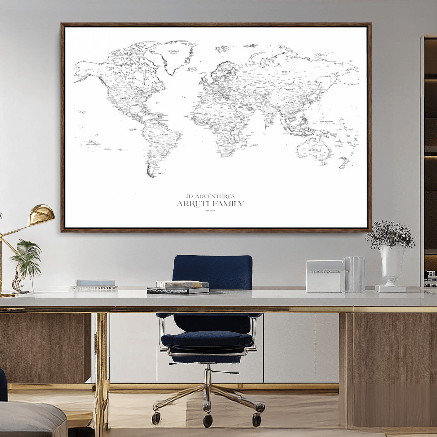 MGV-FC-36X24 - Custom World Map Wall Art – Personalized Framed Canvas Print with Push Pins for Travel Tracking,