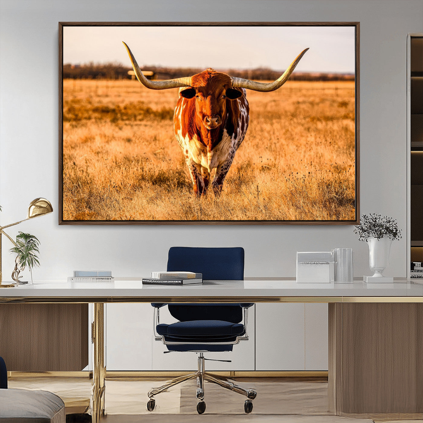 MGV-FC-36X24 - Longhorn Cow Wall Art | Ready to Hang Framed Canvas Print for Farmhouse and Barn Decor