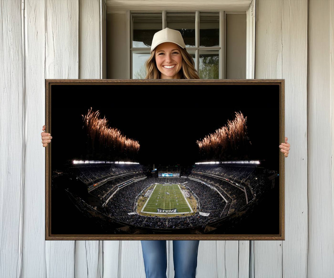 Eagles Stadium Wall Art depicting a nighttime game and fireworks at Lincoln Financial Field.