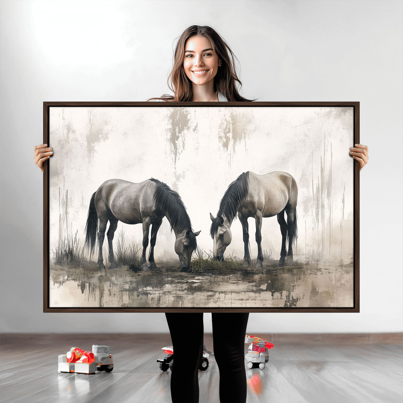 35494-MGV-CV-36X24-Chines Ink Style Vintage Horses Wall Art Canvas Print for Farmhouse Wall Decor