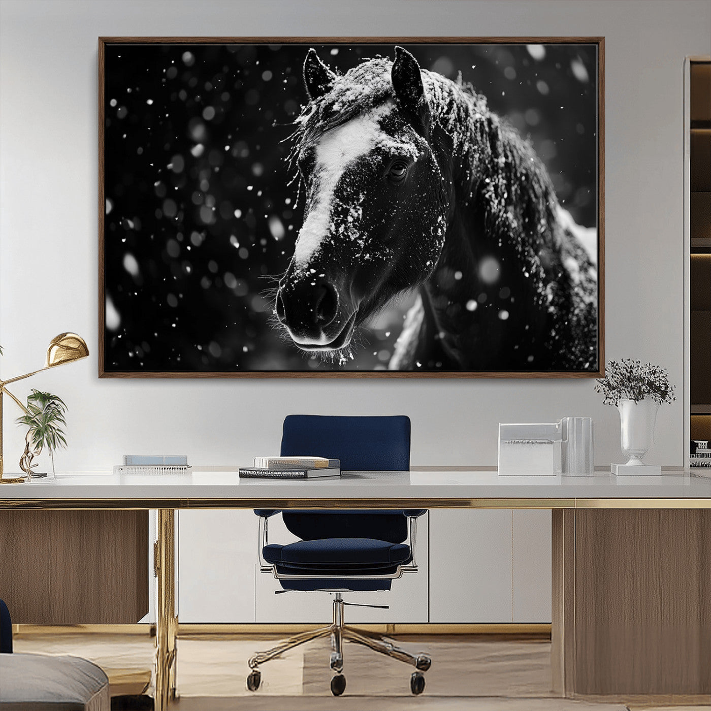 MGV-FC-36X24 - Winter Horse Wall Art | Black and White Horse Print | Ready to Hang and Framed | Farmhouse Wall Art