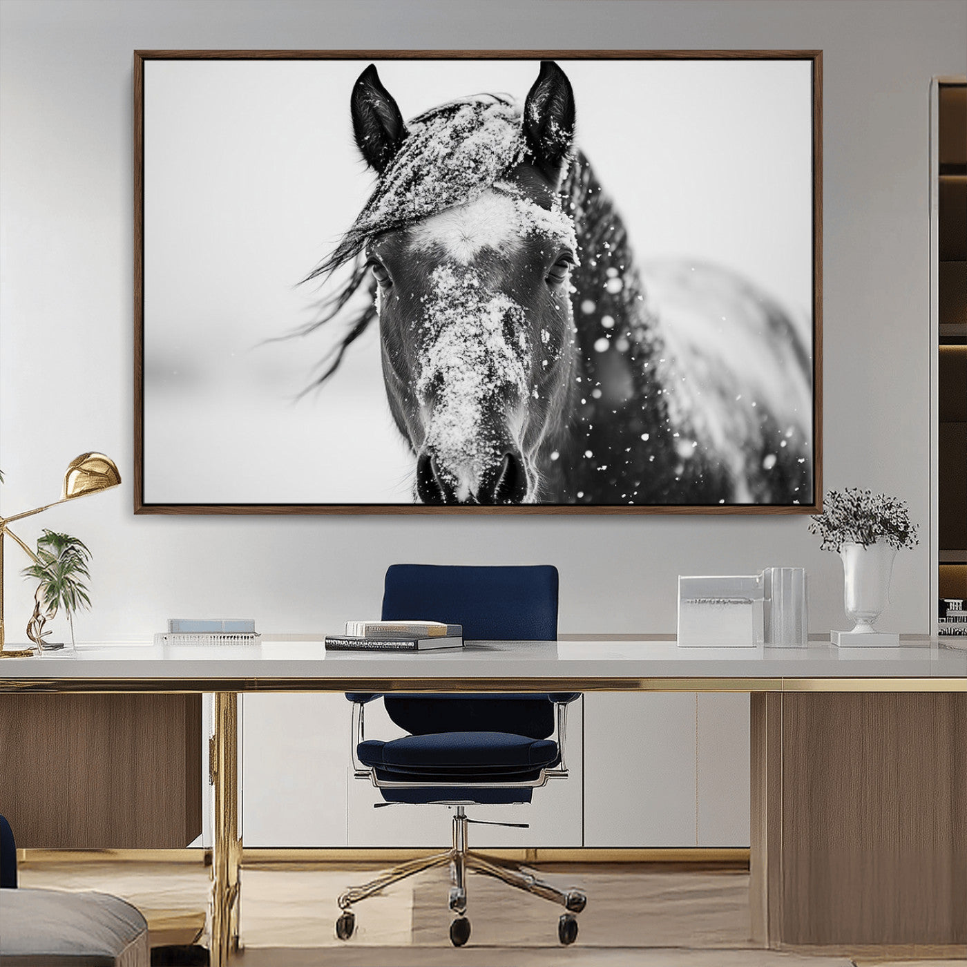 MGV-FC-36X24 - Western Wall Art | Black and White Winter Horse Wall Art | Ready to Hang and Framed | Farmhouse and