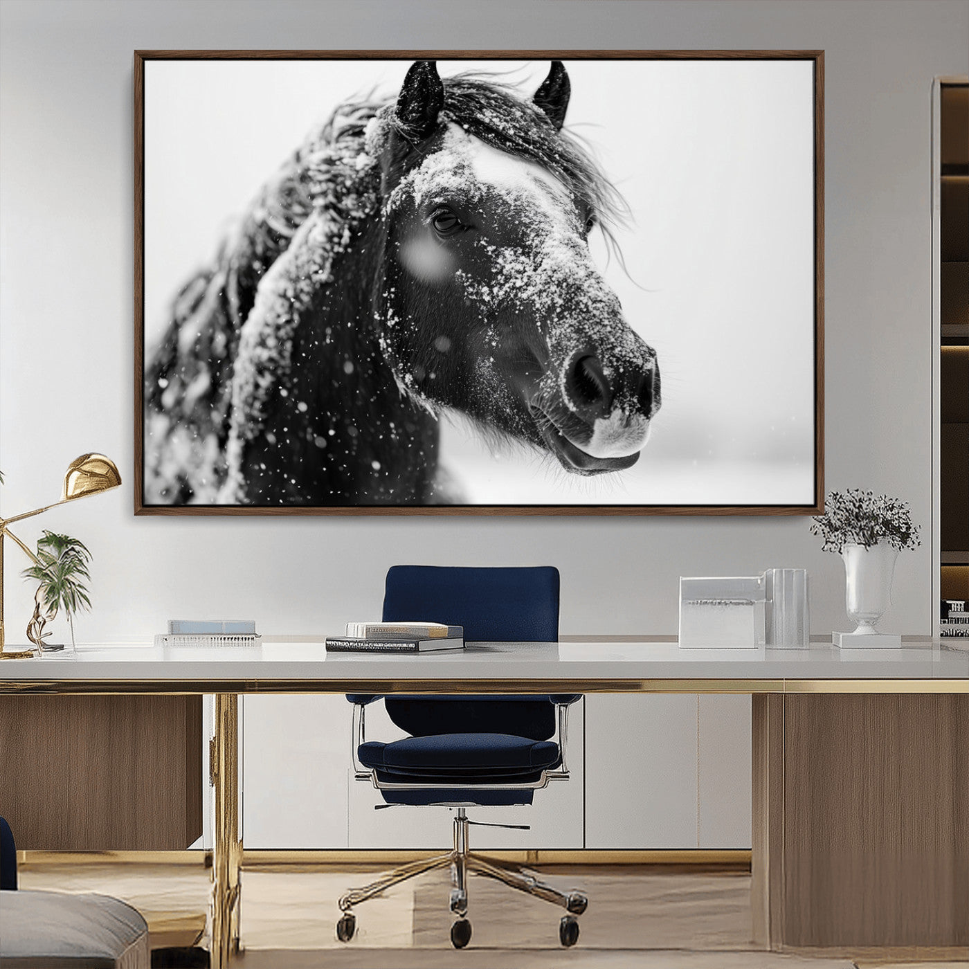 MGV-FC-36X24 - Winter Horse Canvas Print | Large 3-Panel Black White Equine Photography for Rustic Farmhouse Wall