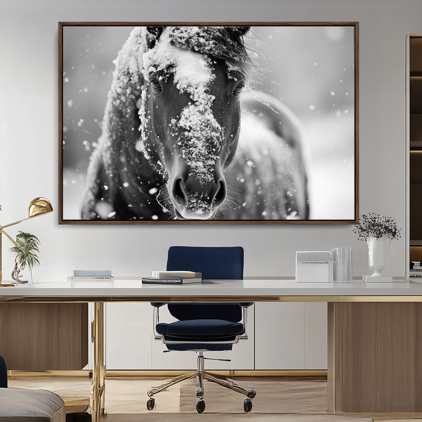 MGV-FC-36X24 - Black and White Horse Winter Wall Art | Ready to Hang and Framed | Farmhouse Wall Decor | Western