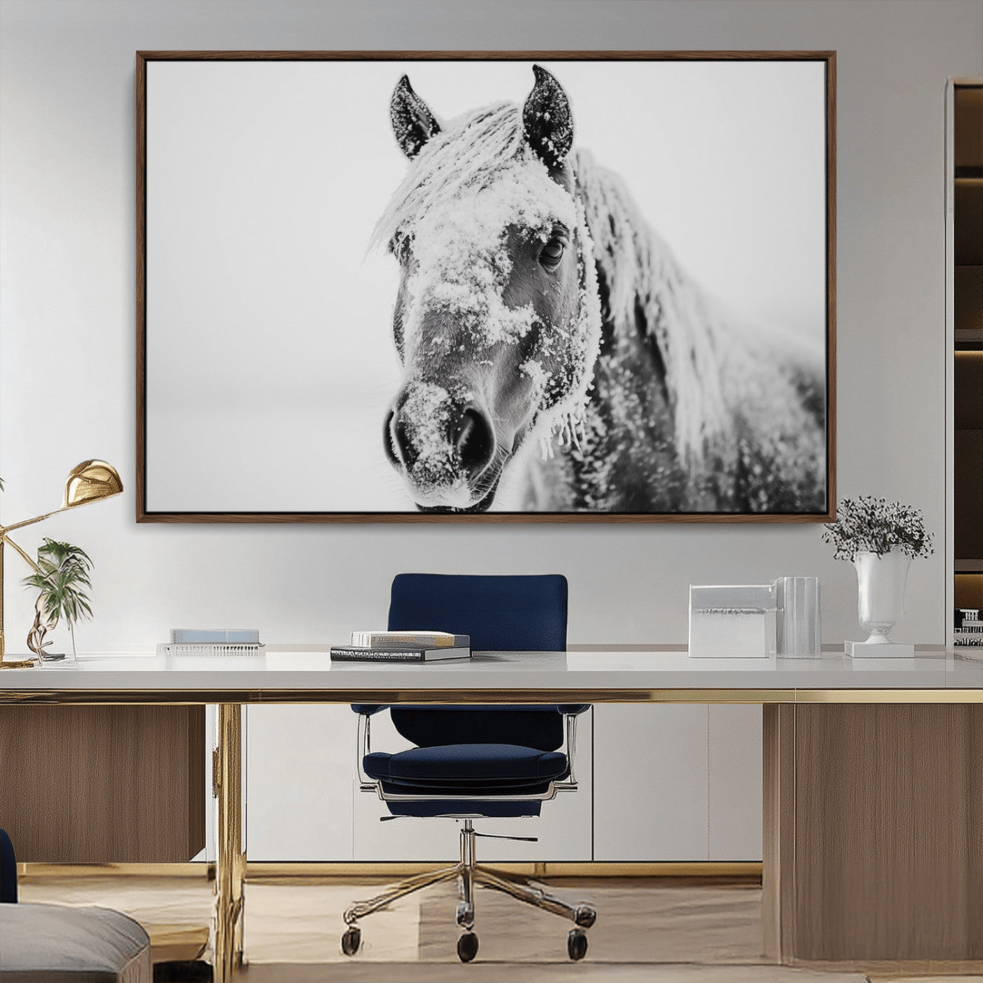 MGV-FC-36X24 - White Horse Wall Art | Ready to Hang and Framed | Winter Horse Wall Art Print for Farmhouse and