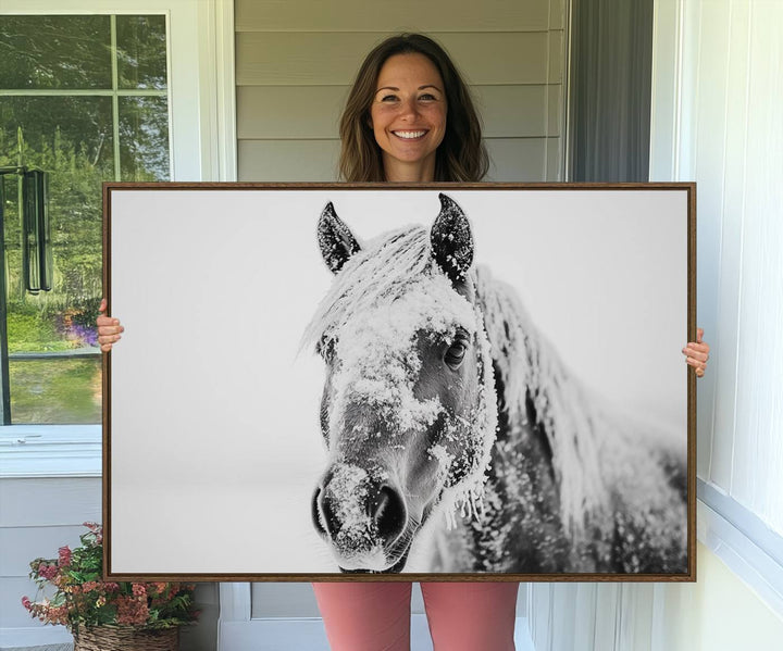 White Horse Wall Art: A black and white photo of a snow-covered horse, framed and ready to hang for farmhouse decor.