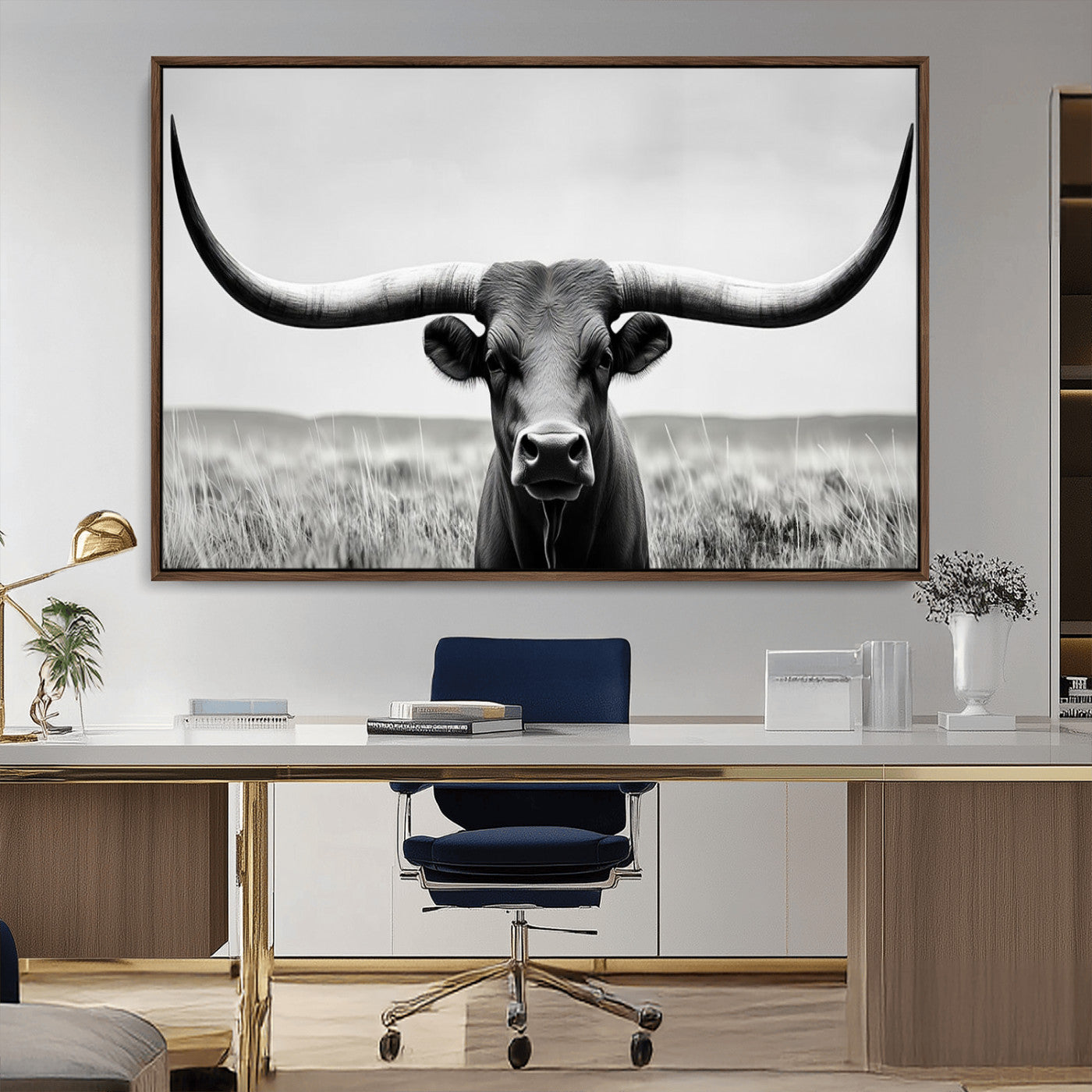 -Longhorn Bull Canvas Print | Rustic Farmhouse Wall Art | Western Decor | Ready to Hang and Framed