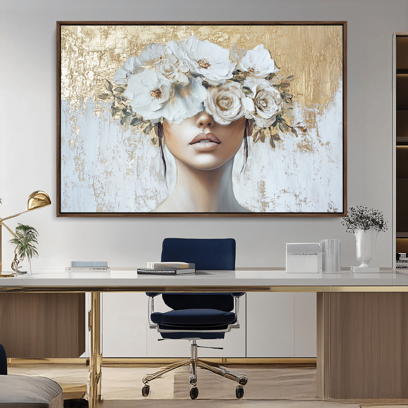 MGV-FC-36X24 - Golden Petal Wall Art - Canvas Print Flower Head Woman Painting Floral Woman Portrait Wall Decor,