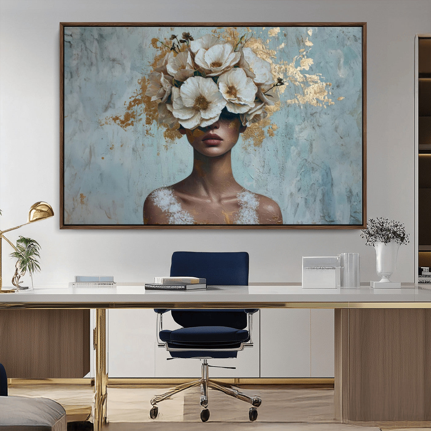 MGV-FC-36X24 - Golden Petal Wall Art - Petal Silhouette Woman Wall Art Canvas Print | Large 3-Panel Canvas with