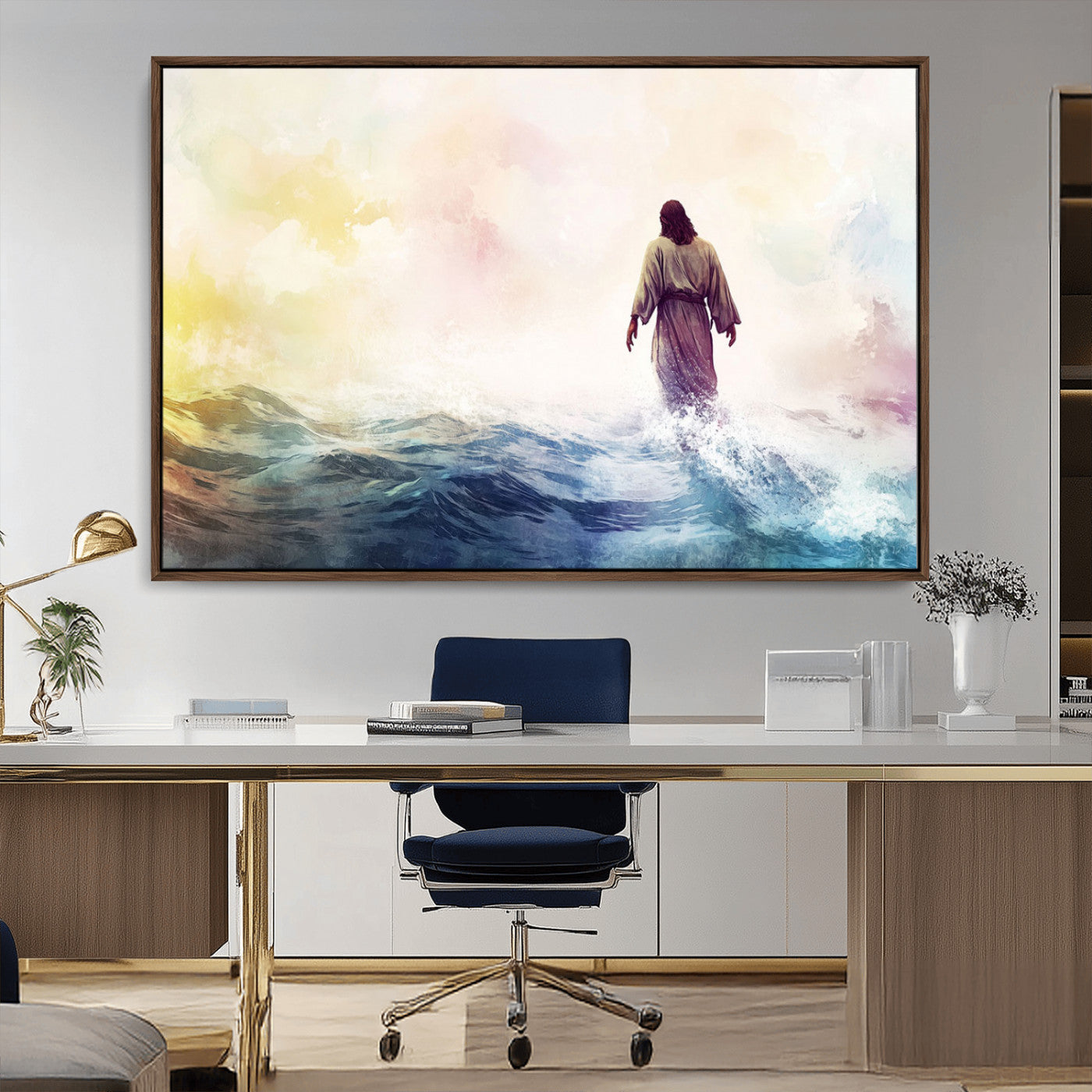 MGV-FC-36X24 - Watercolor Jesus Walking on Water Canvas Print, Christian Wall Art, Jesus Christ Walking