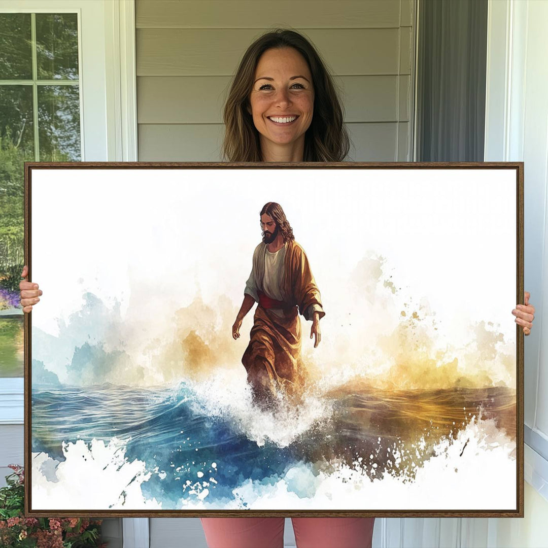 This watercolor canvas print depicts Jesus walking, characterized by abstract splashes against a serene background. It serves as a beautiful piece of Christian wall art.