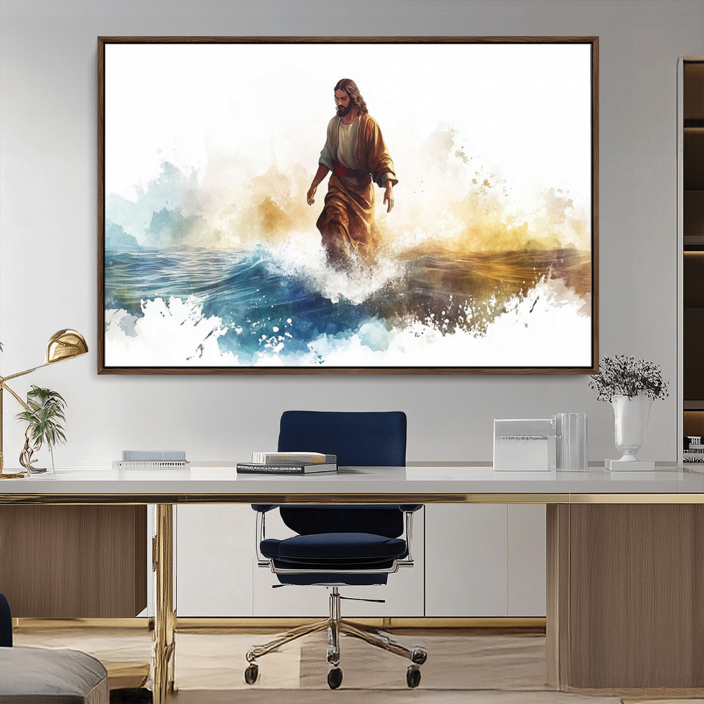 MGV-FC-36X24 - Watercolor Jesus Walking Wall Art Print, Jesus Water Canvas Print, Christian Wall Art, Jesus Christ
