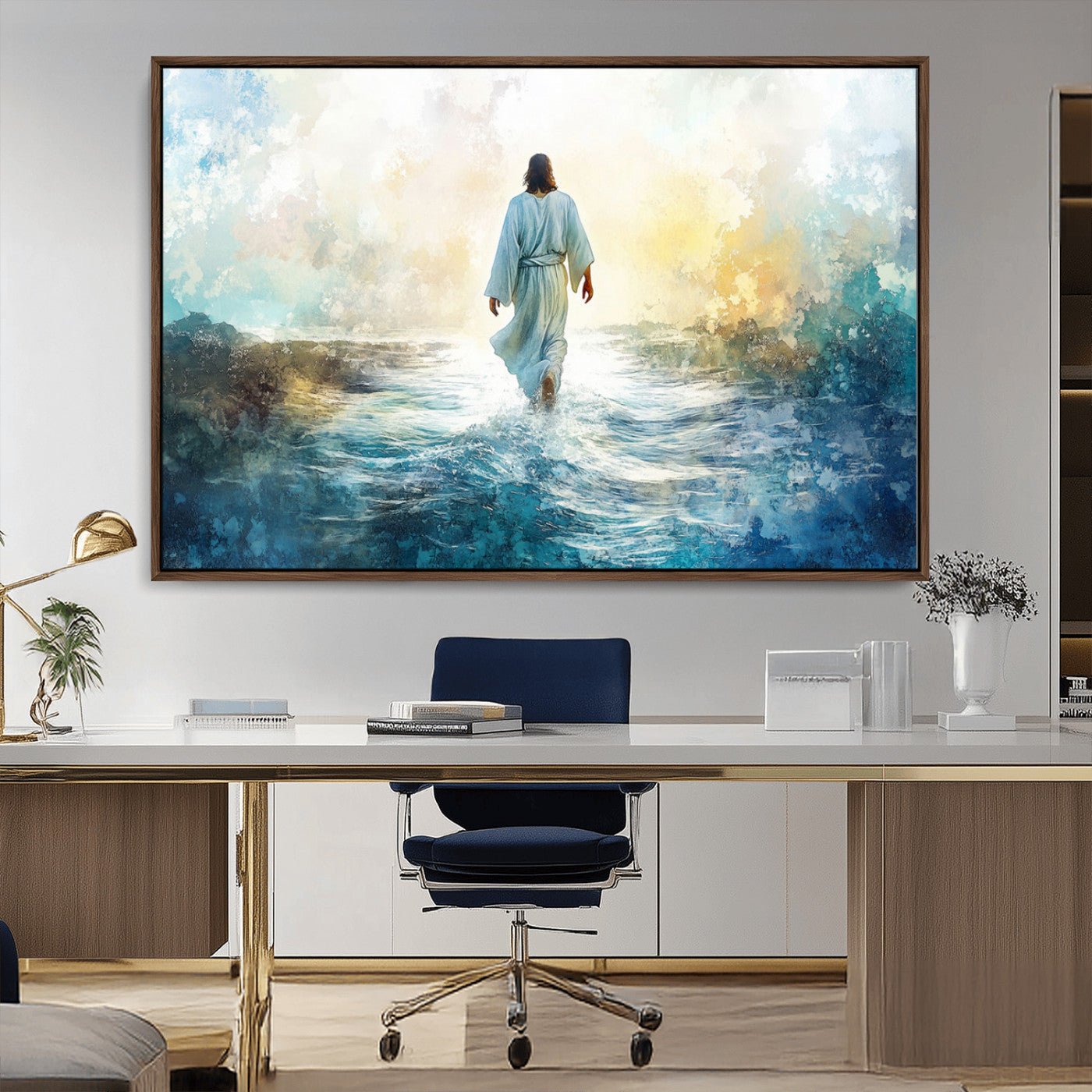 MGV-FC-36X24 - Watercolor Jesus Walking on Water Canvas Print, Christian Wall Art, Jesus Christ Walking