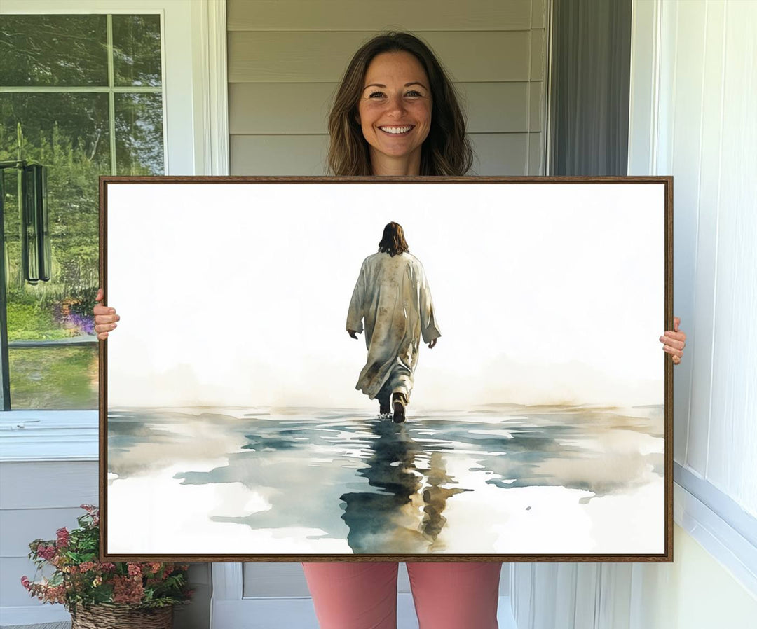 A Watercolor Jesus Walking on Water Christian wall art.