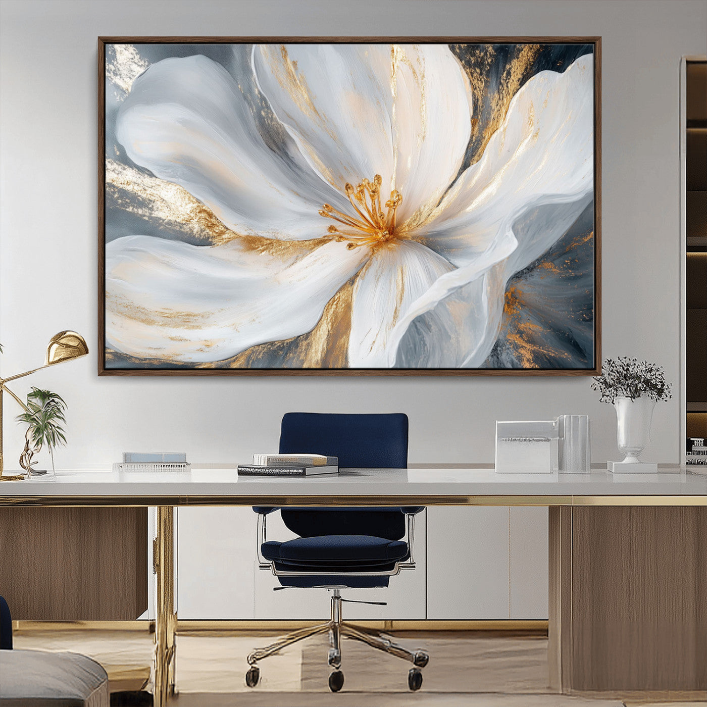 MGV-FC-36X24 - White and Gold Floral Canvas Wall Art - Framed and Ready to Hang - Perfect for Modern Living Rooms