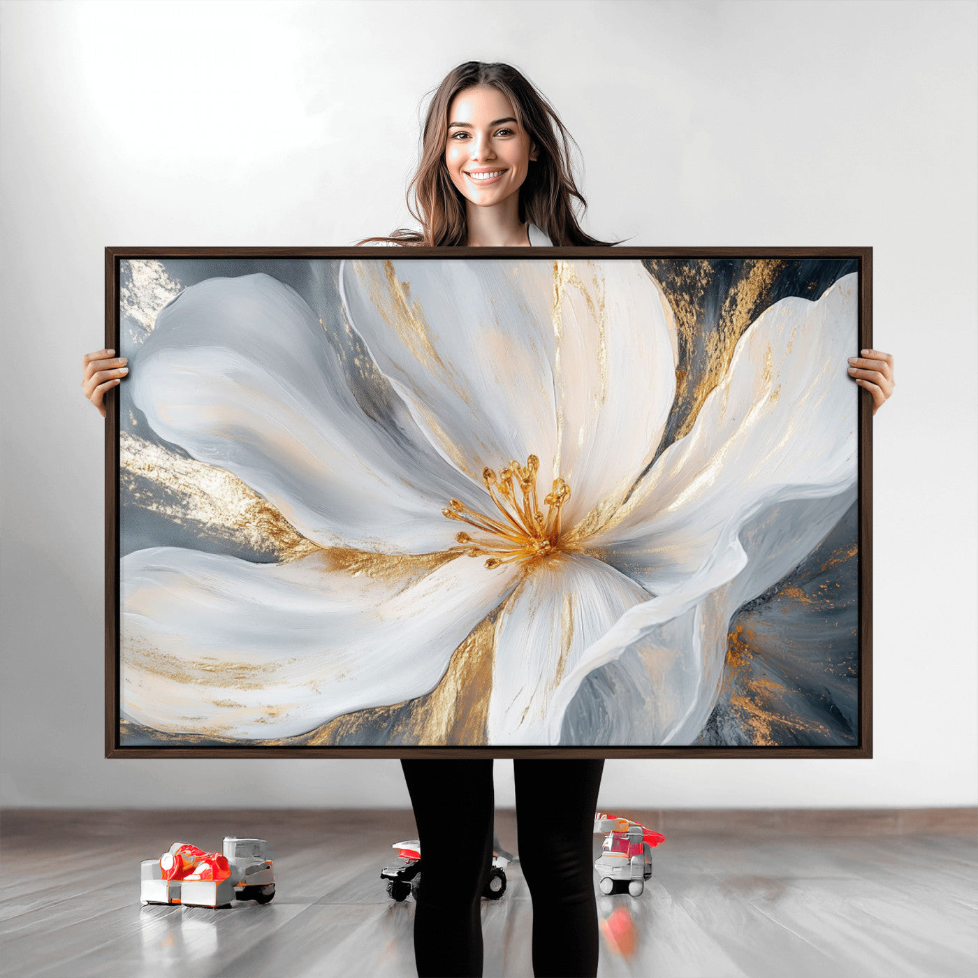83149-MGV-CV-36X24-White and Gold Floral Canvas Wall Art - Framed and Ready to Hang - Perfect for Modern Living Rooms