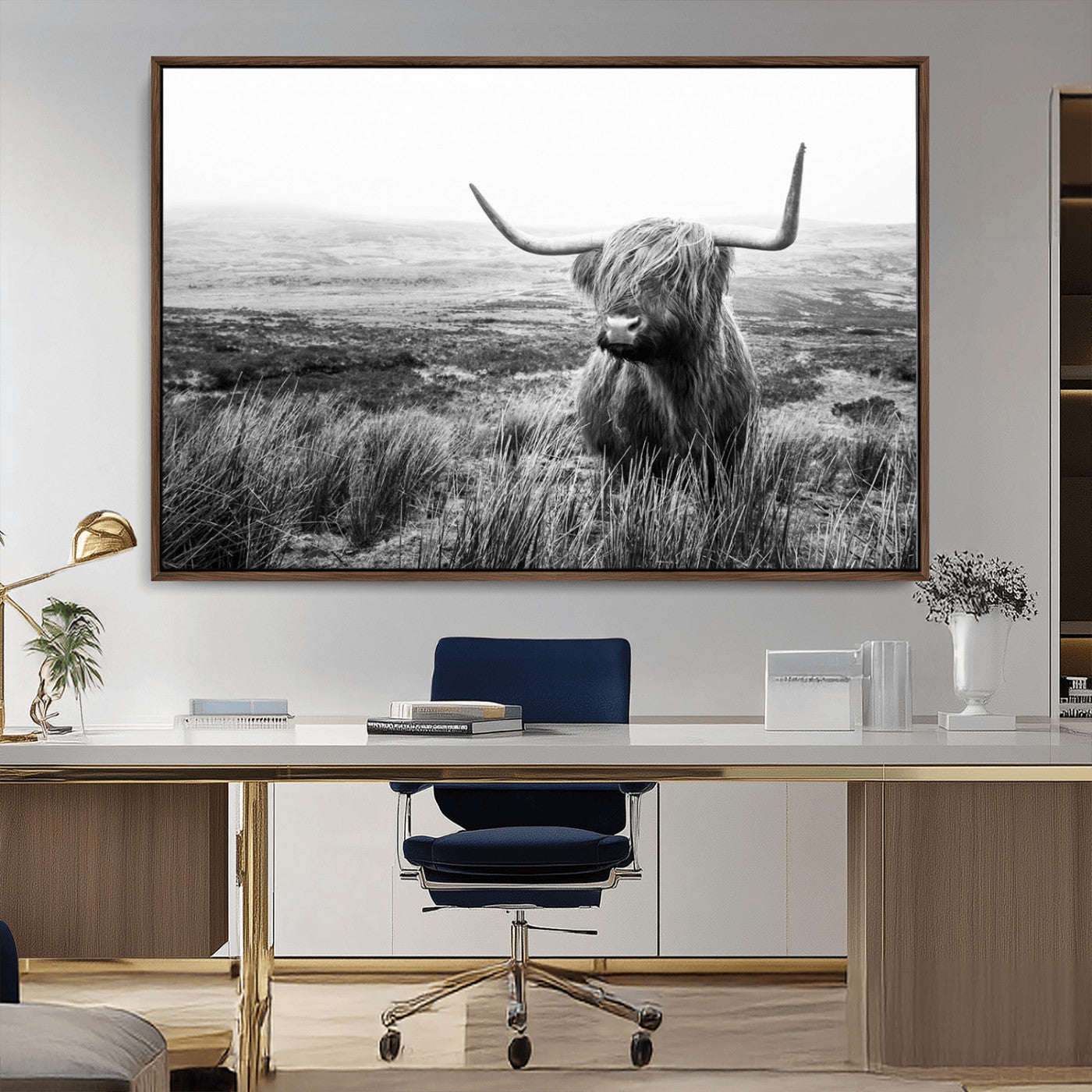 MGV-FC-36X24 - Scottish Highland Cow Wall Art | Black and White Canvas Print | Ready to Hang and Framed | Rustic