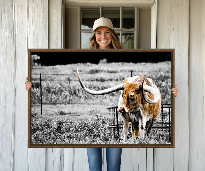 Majestic Texas Longhorn Cow Wall Art features a ready-to-hang canvas print that complements rustic farmhouse décor.