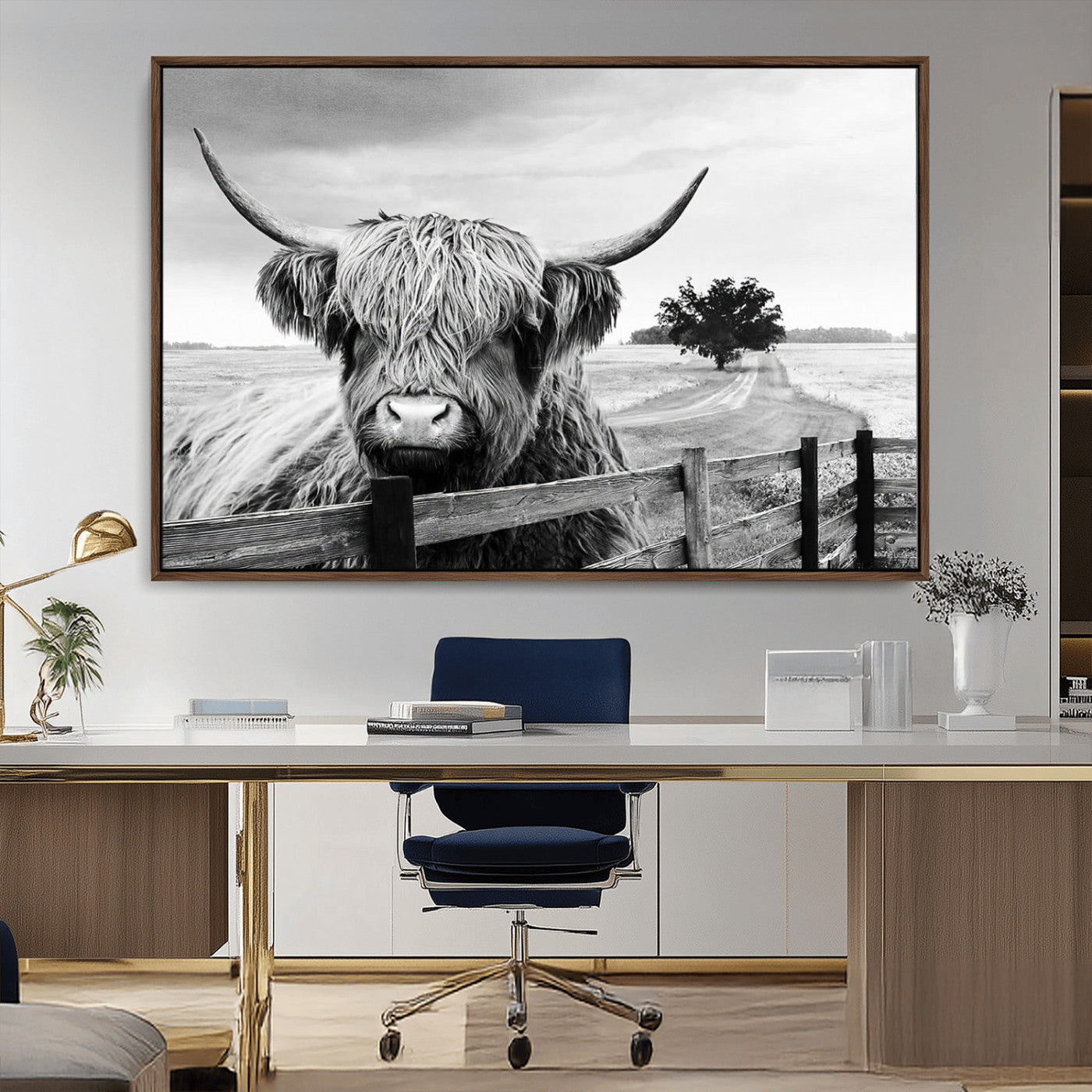 MGV-FC-36X24 - Scottish Highland Cow Wall Art | Rustic Farmhouse Décor | Black and White Ready to Hang Canvas Print