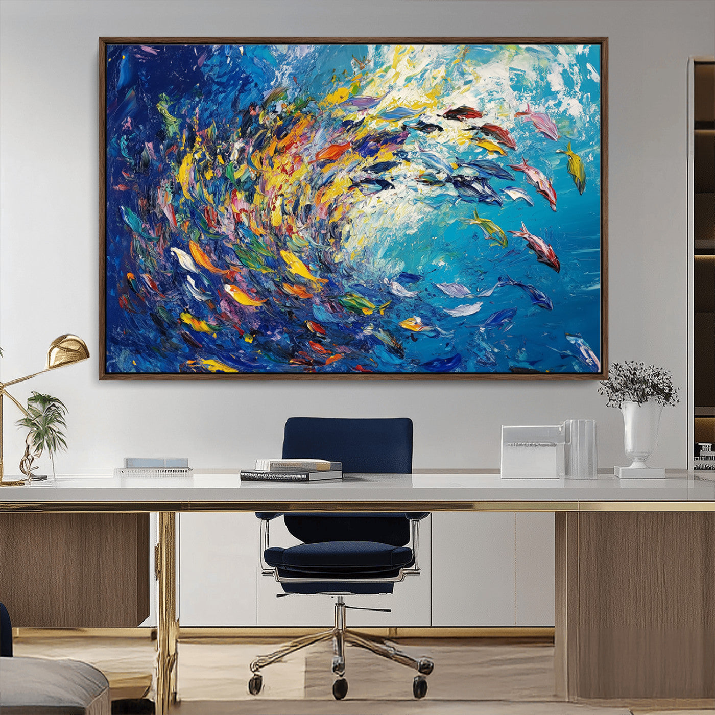 MGV-FC-36X24 - Colorful Swirling Fish School Wall Art Canvas Print | Oceanic Abstract Painting | Ready to Hang |