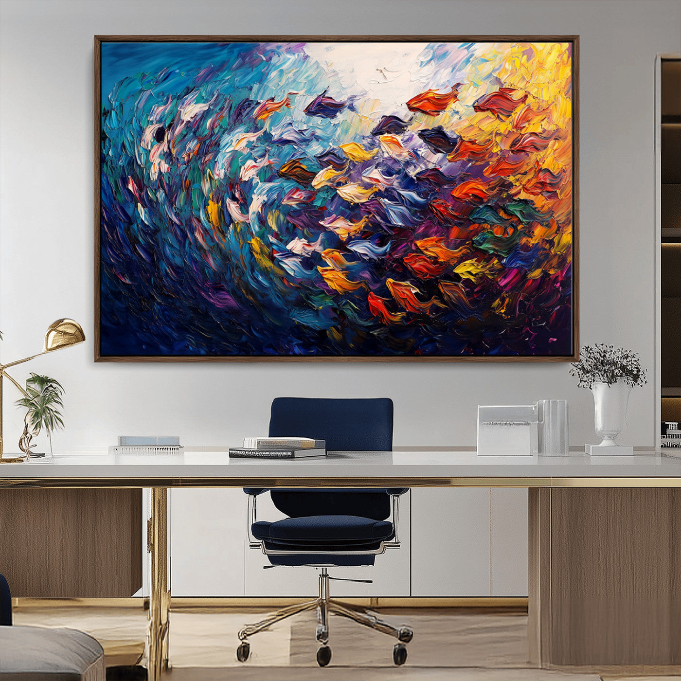 MGV-FC-36X24 - Vibrant Abstract Fish Swarm Art – Colorful Fish Inspired 3-Piece Canvas Wall Art for Living Room or