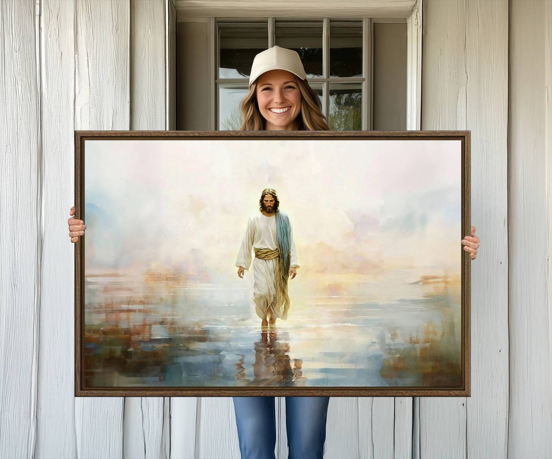 The 3-panel Christian canvas print, Jesus Walking on Water, depicts a striking image of Jesus in a white robe and sash.