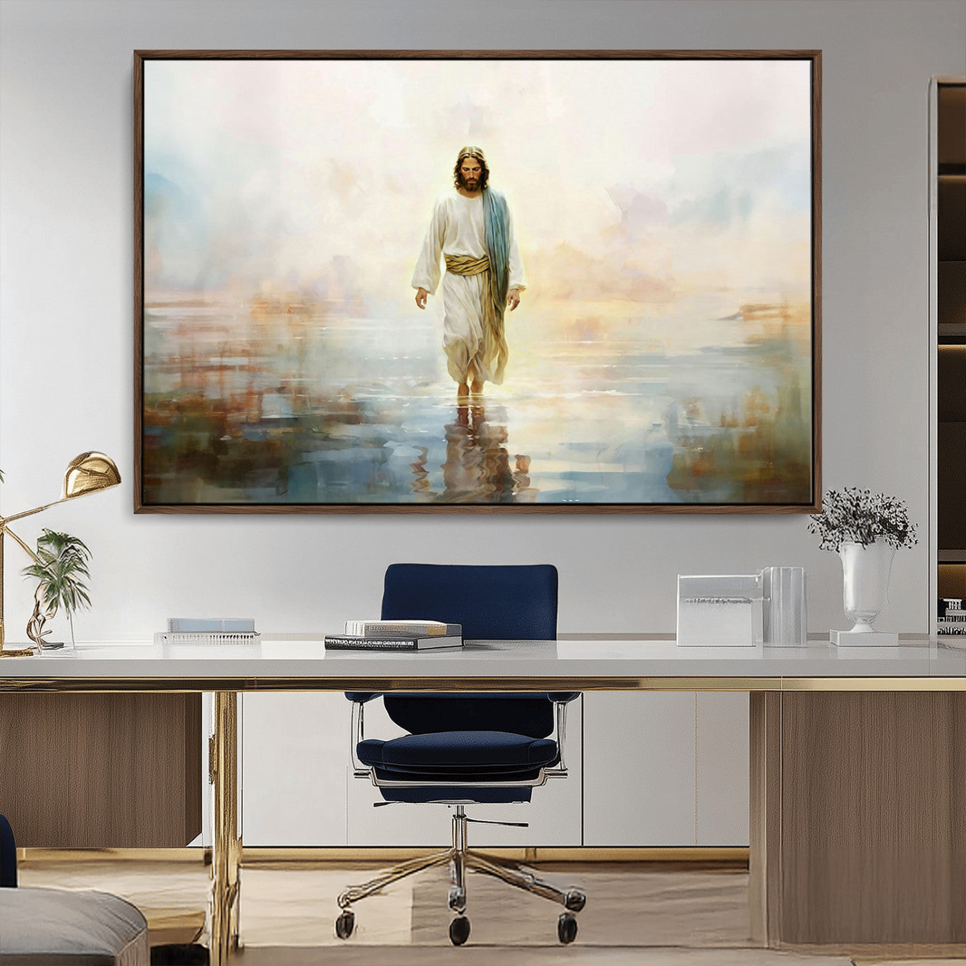 MGV-FC-36X24 - Framed Jesus Walking on Water Wall Art - 3-Panel Christian Canvas Prints, Religious Artwork for