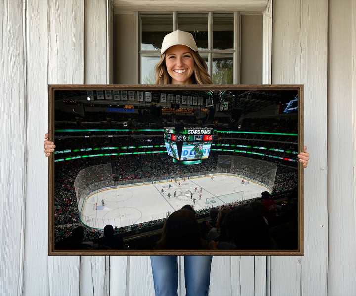 The Dallas Stars Wall Art Canvas Print is as clear as the scoreboard stats at a hockey game in a large arena with bright lights.