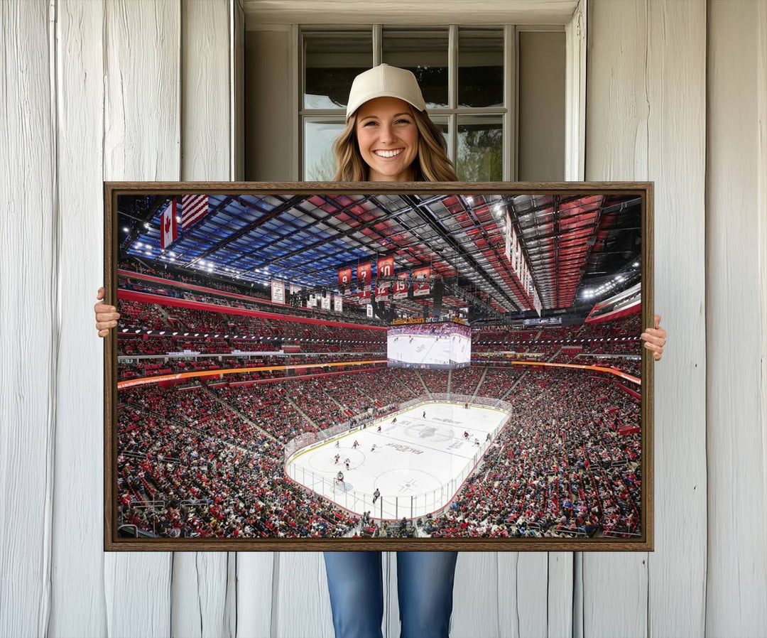 A Barton Malow canvas depicting Little Caesars Arena from above is beautifully printed in high resolution for your wall.