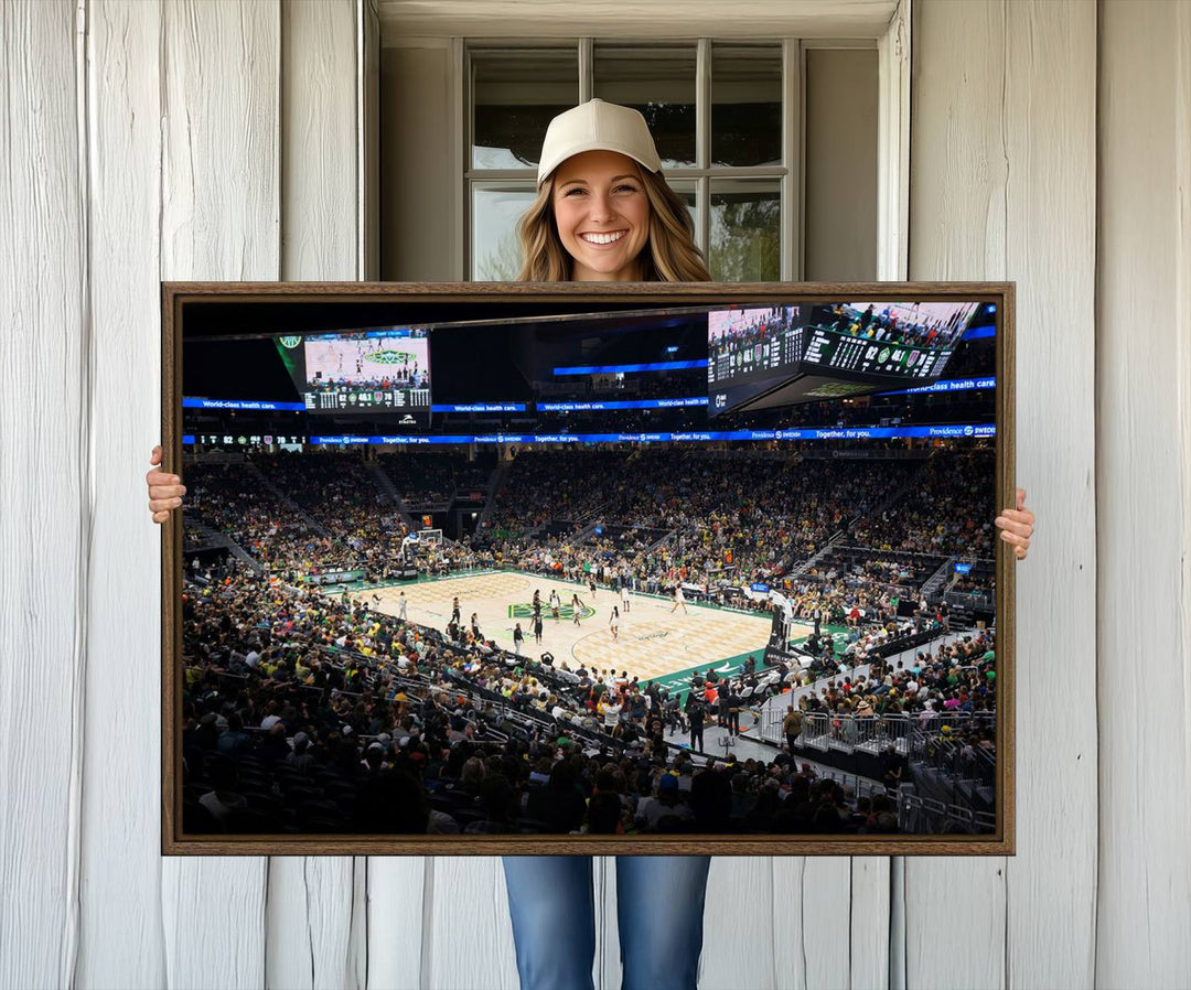 The Canvas Print of Climate Pledge Arena featuring the Seattle Kraken enhances a living room wall.