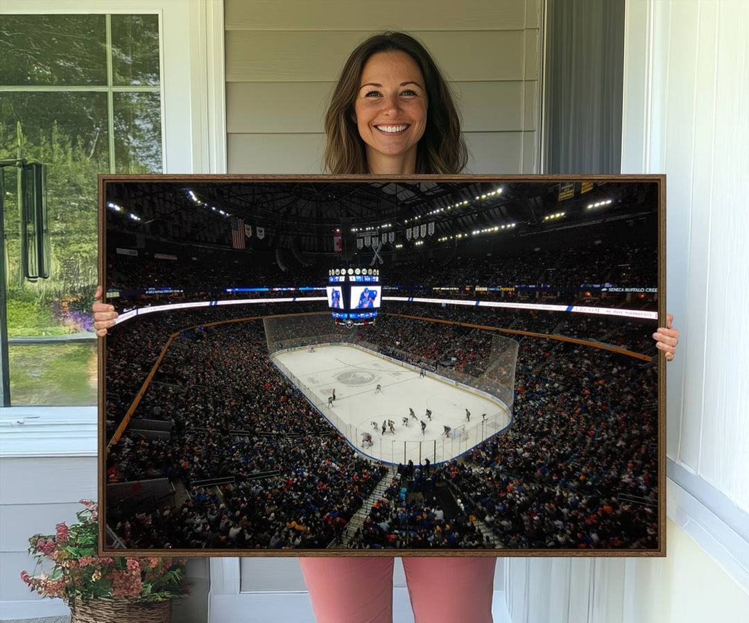 The wall art captures the essence of a Buffalo Sabres game on ice at KeyBank Center, making it deserving of a premium canvas print.