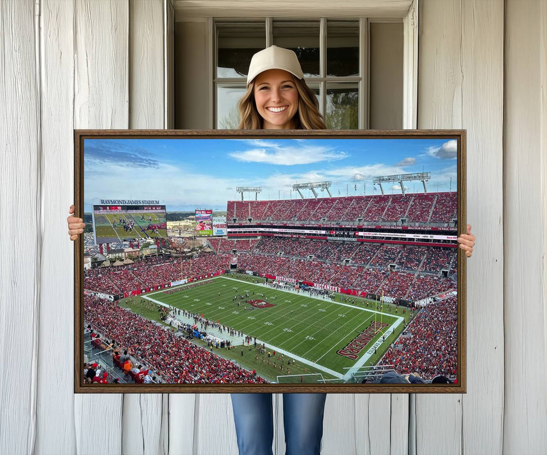 The Florida Tampa Raymond James Stadium Wall Art Canvas Print is featured above the cabinet.