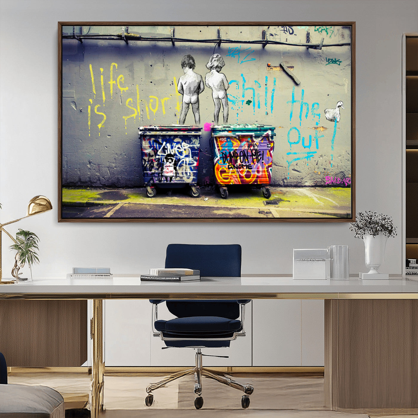 MGV-FC-36X24 - Banksy Life is Short Wall Art - Iconic Graffiti Art on Framed Ready-to-Hang Canvas - Street Art