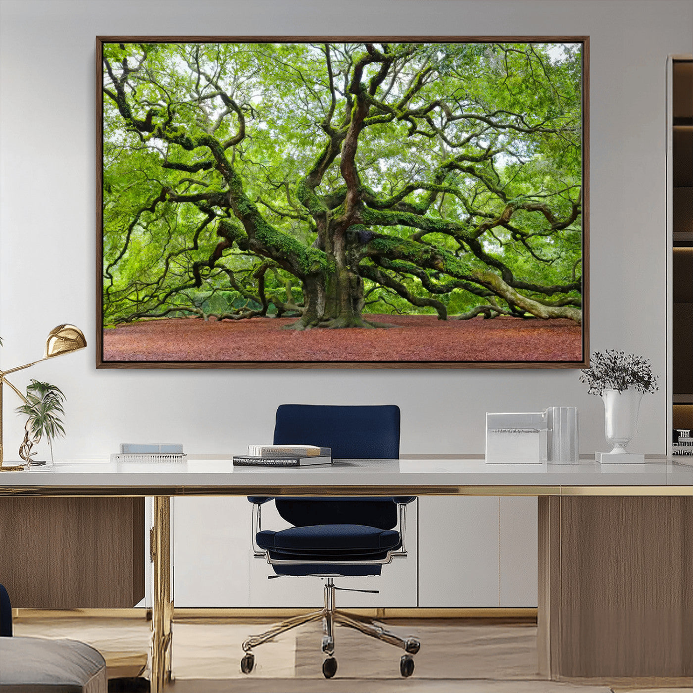 MGV-FC-36X24 - Framed Angel Oak Tree Wall Art - 3-Panel Canvas Prints, Large Green Nature Artwork, Ready to Hang