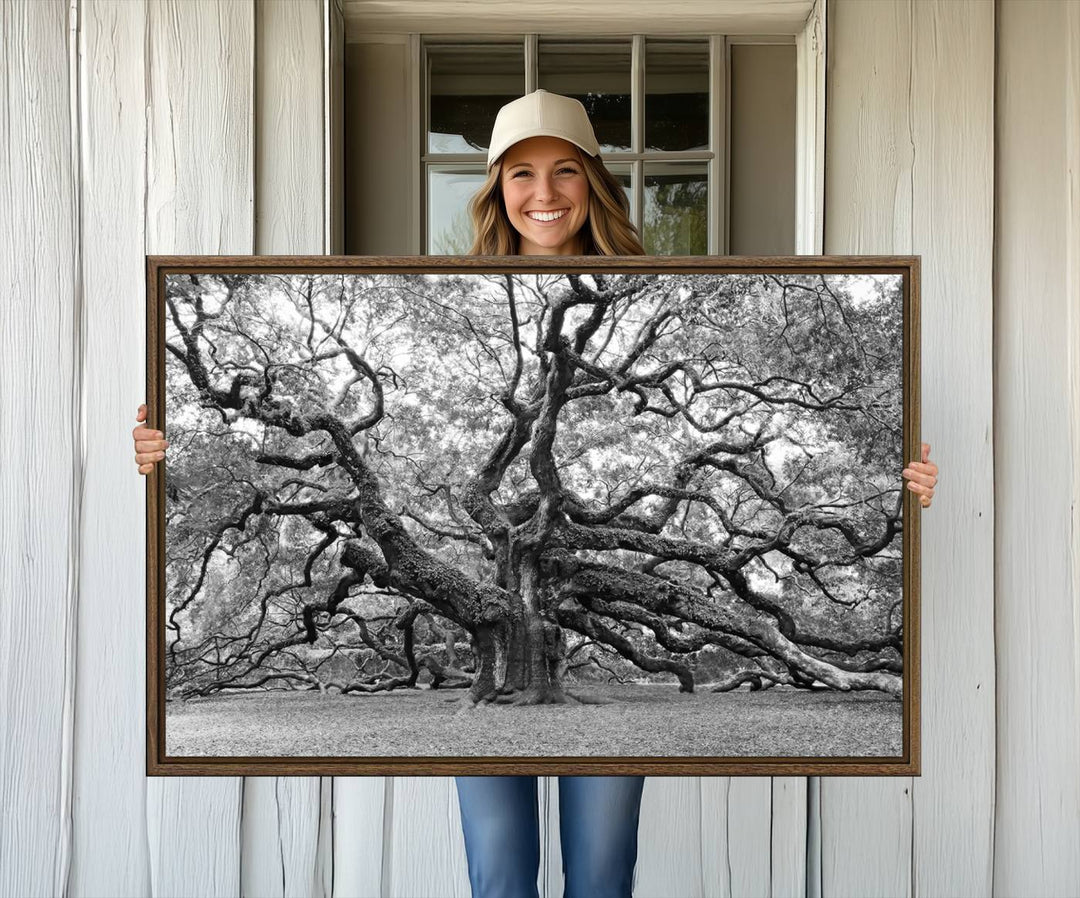 The Black White Angel Oak Tree wall art adds timeless, nature-inspired decor.