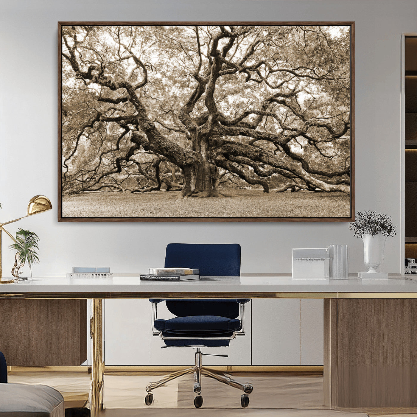 51126-MGV-CV-36X24-Sepia Framed Angel Oak Tree Wall Art - 3-Panel Canvas Prints, Large Green Nature Artwork, Ready to