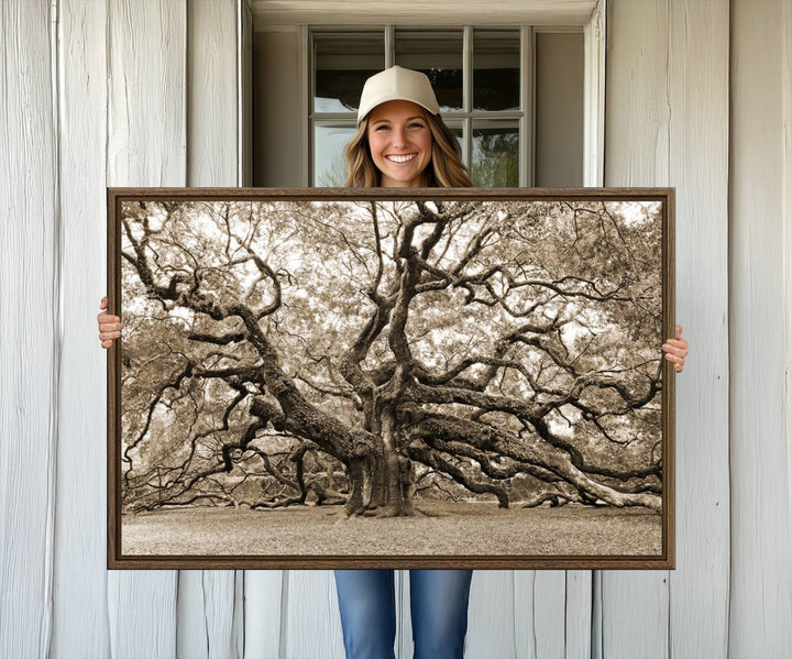 Displayed on the wall is a Sepia-framed Angel Oak Tree 3-panel canvas.