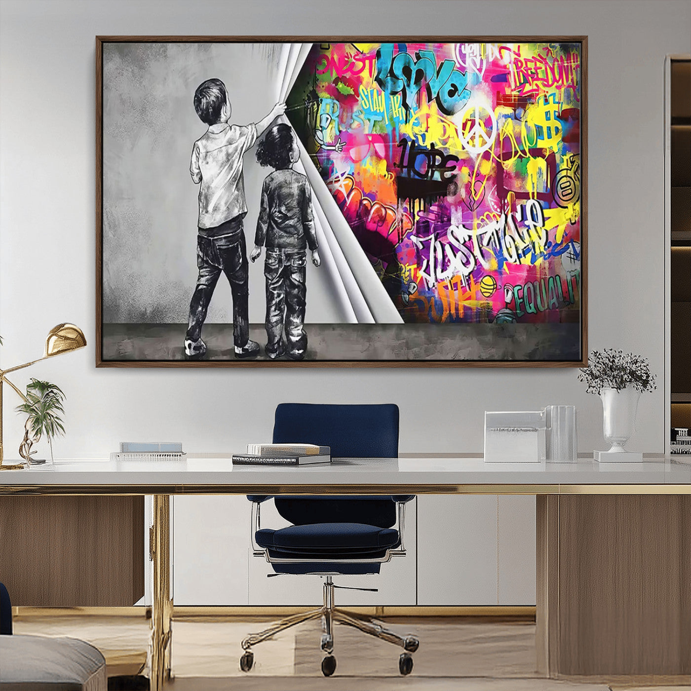 MGV-FC-36X24 - Banksy Print - Street Art Canvas Wall Art - Kids Revealing Graffiti, Urban Modern Decor for Living