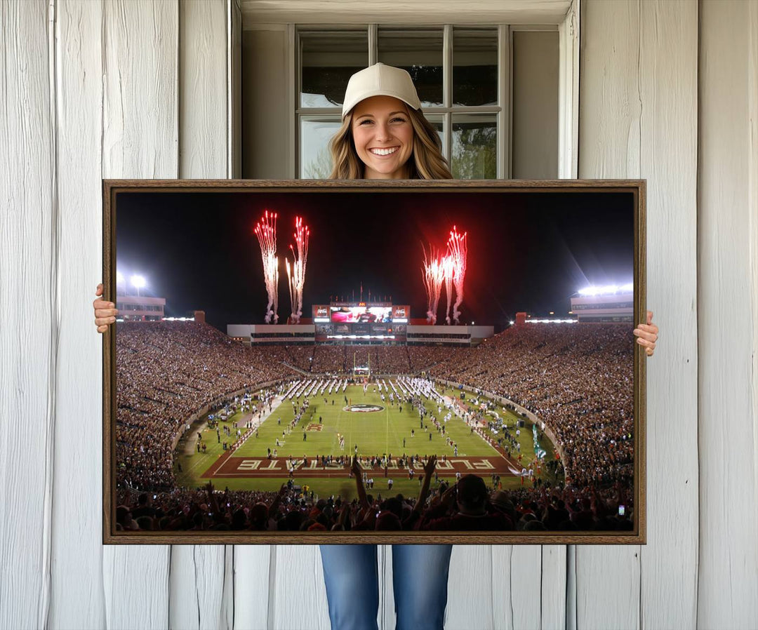 A vibrant wall art piece of the Florida State Seminoles sets a lively tone, depicting scenes filled with energy and celebration.