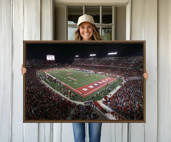 Aerial view of TDECU Stadium at night on the Houston Cougars Football Wall Art Canvas Print.