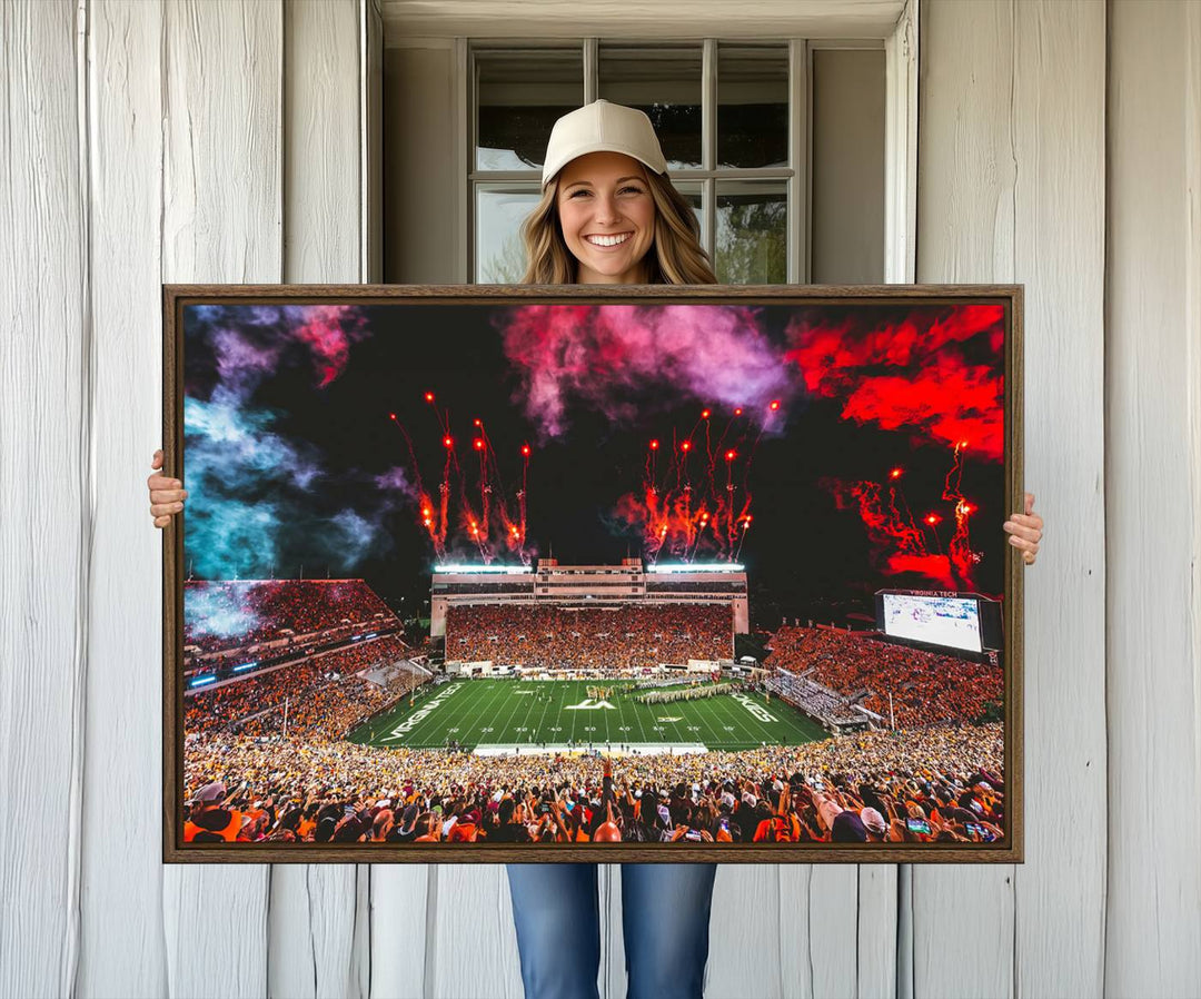 A Hokies football canvas print displays Lane Stadium at night with fireworks.