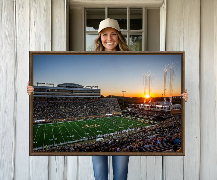 Canvas wall art print depicting the Demon Deacons football stadium at sunset with fireworks.