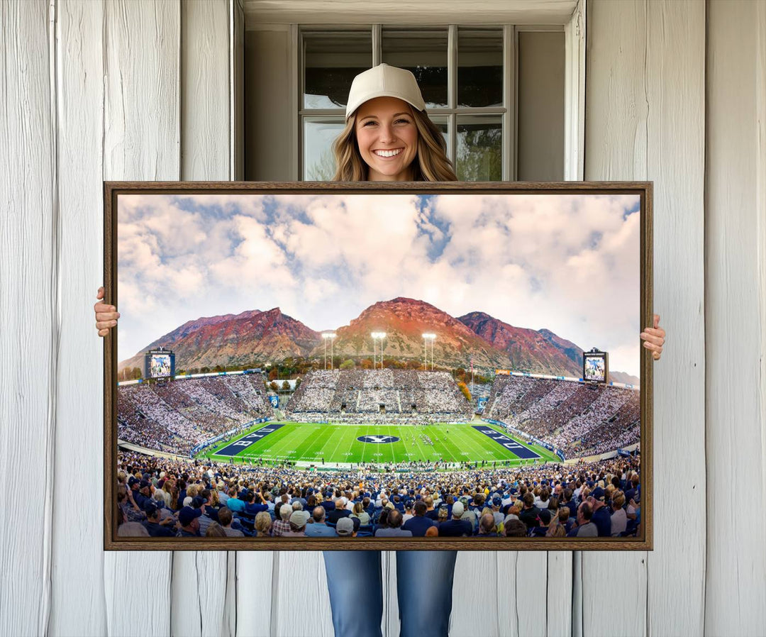 A museum-quality canvas featuring BYU Cougars Football at LaVell Edwards Stadium with a stunning mountain view.