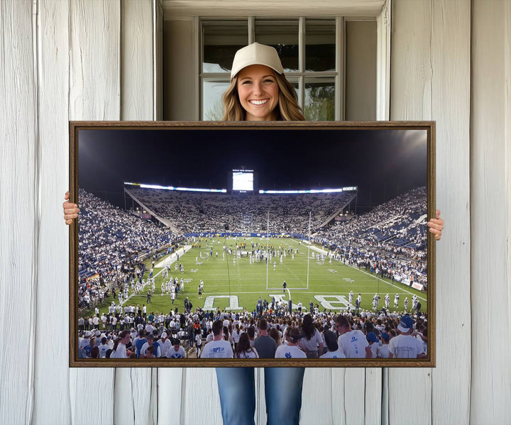 The wall art is a premium canvas of LaVell Edwards Stadium, offering a gallery-quality finish that showcases BYU Cougars pride.